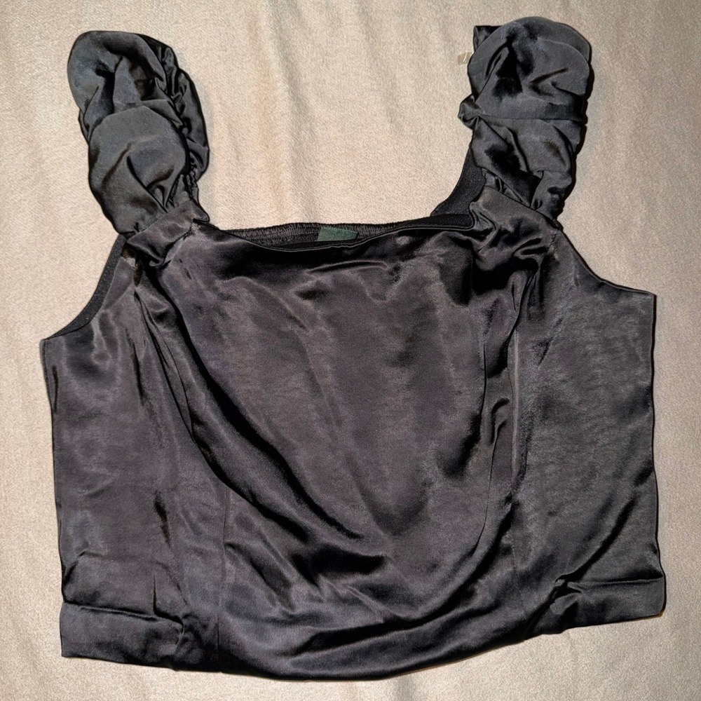 Wild Fable‎ Black Satin Ruched Strap Smocked Back Crop Top Square Neck M, NWT - Picture 2 of 7